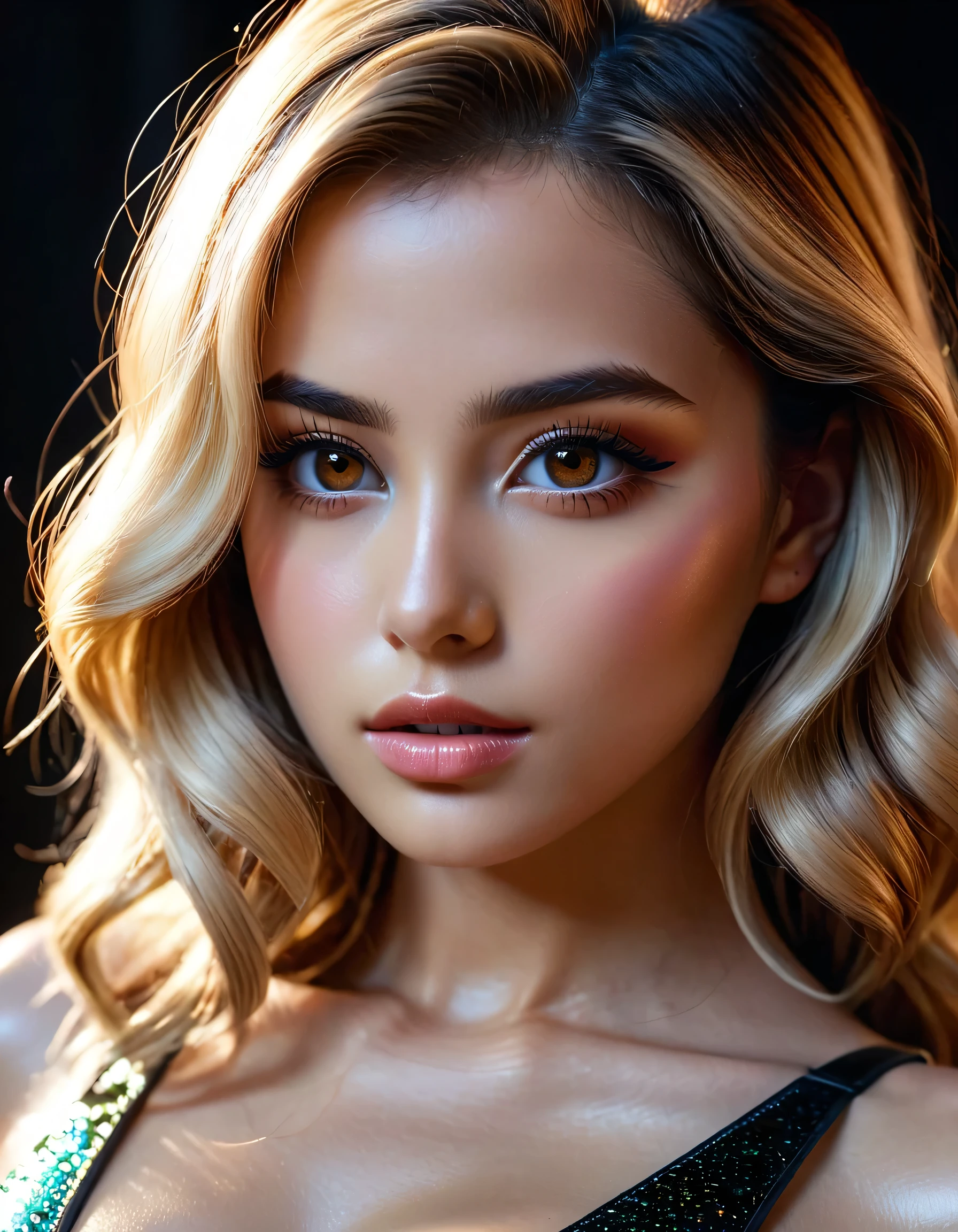 photorealistic Realism 8K, 16K Quality, (ultra absurd quality, extremely detailed detail, hyper resolution, clear sharp focus, not blurry, (Realistic brown_eyes:1.35)), ((perfect dark_eyeshadows:1.45)), (super Detailed, beautiful little nose:1.2), (perfect composition), Depth of field, cinematic light, Lens flare, (extremely beautiful face, beautiful lips , Beautiful eyes), Intricate detail face, best high quality real texture skin:1.3, A woman with velvety skin:1.33), ((best high quality real texture hair)), (short blonde hair, (wavy, combed up, behind the ear), extremely detailed:1.38)), photo of the most beautiful artwork in the world, professional majestic (photography by Steve McCurry), 8k uhd, dslr, soft lighting, high quality, Fujifilm XT3 sharp focus, f 5.6, dramatic, (Anatomically correct perfect proportions), ((perfect hands:1.2)), (Super beautiful face: 1.33), ((perfect female body:1.4)), cute girl, ((firm and full breasts)), (the most absurd quality perfect eyes:1.35), ((super beautiful cute sharp-face)), (light pale complexion), transparent color pvc (Super Shiny Transparent Fluorescent Hologram Colorful PVC Soft Full Bodysuit:1.3) , Ultra-tight fit bodysuit with super reflective surfaces, ((Upper body to knee shot:1.25)),