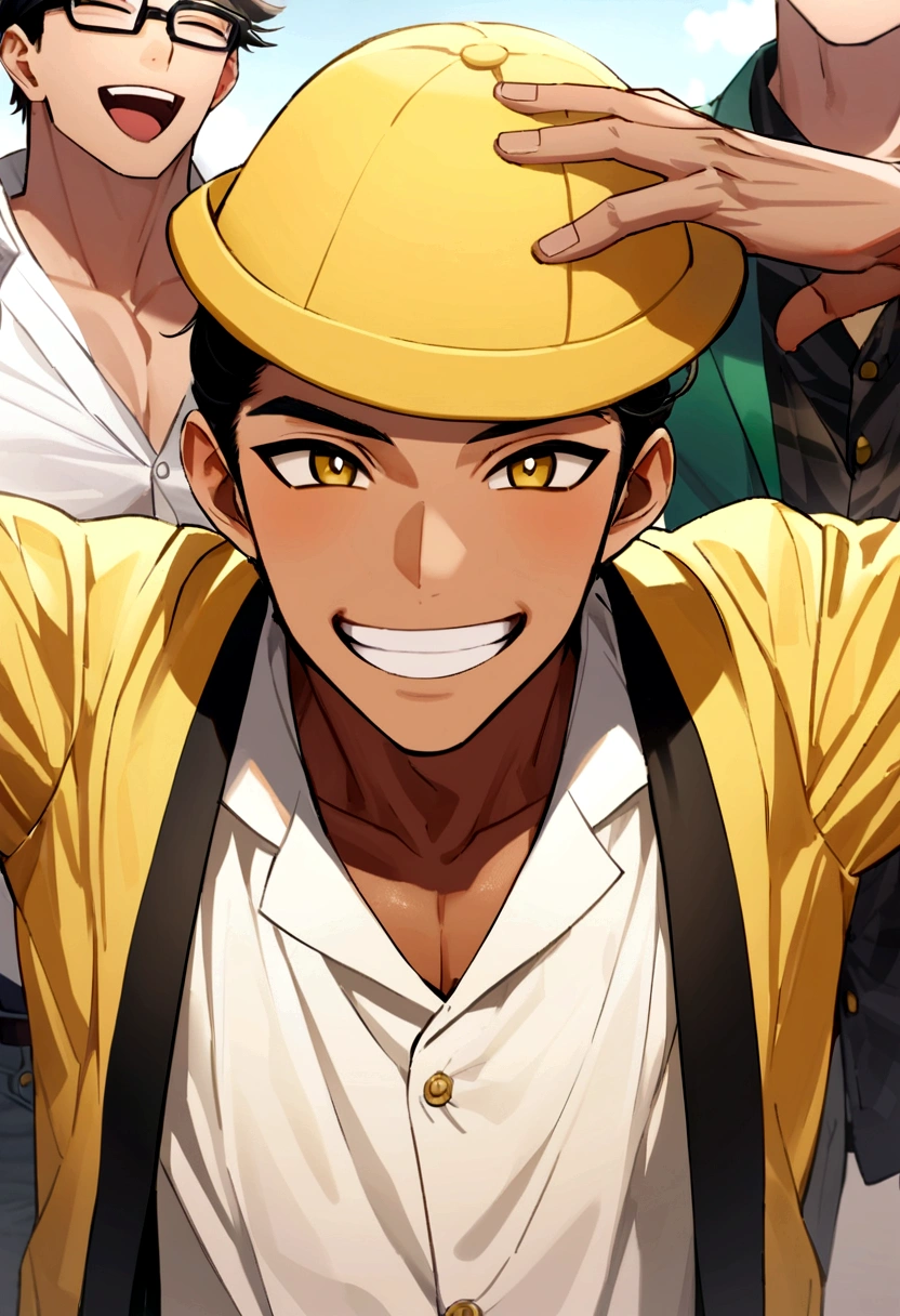 Uma garota com cabelo preto com franja, with perfect men's clothes, yellow hat on head look happy angelic face