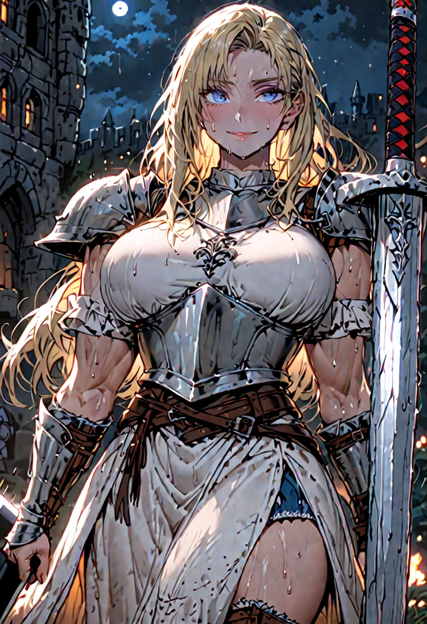 female, extremely tall, medieval, knight's armor, roman skirt, huge sword, sallet, short messy blonde hair, blue eyes, sweat, large breasts, muscular, armor boots, night, after combat, gentle smile, huge woman, close up
