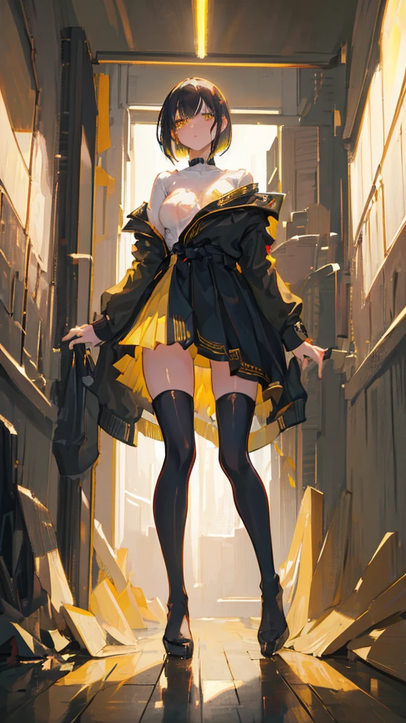 (NSFW)((Best Quality)), ((Masterpiece)), (Detailed), Girl with short black hair, with straight bangs, yellow eyes, the pupils of his eyes look at your violence, tall and slender, very beautiful and feminine features, wearing shorts with long black stockings, short hair, nice breasts, with a too short miniskirt, with a scared expression, she feels alone, just woke up