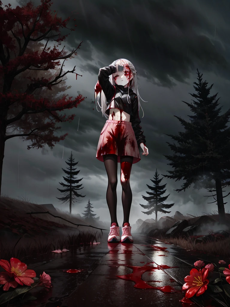 ****, perfect face, scared, aroused, pale skin, long silver hair, crop top, pink pantyhose, sneakers, (camel toe:0.3), extra small breasts, full body, Hand Behind Head Pose, blood-soaked clothes, blood on face, blood splattered, bloody mess. Forest, flowers, shadowy trees, scary trees. The overall atmosphere is night eerie and somber, bad weather, dark clouds, heavy rain, crimson raindrops. Night lighting, cool tones, blue hue, (absurdres:1.3), (saturation:0.2), (highlight:0.3), (brightness:0.3) detailed background, hd quality, ultra_detailed, highres, masterpiece, best quality,