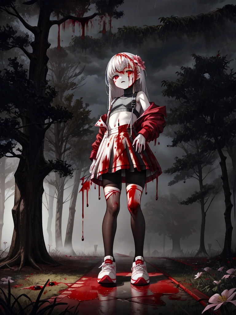 loli, perfect face, scared, aroused, pale skin, long silver hair, crop top, pink pantyhose, sneakers, (camel toe:0.3), extra small breasts, full body, Hand Behind Head Pose, blood-soaked clothes, blood on face, blood splattered, bloody mess. Forest, flowers, shadowy trees, scary trees. The overall atmosphere is night eerie and somber, bad weather, dark clouds, heavy rain, crimson raindrops. Night lighting, cool tones, blue hue, (absurdres:1.3), (saturation:0.2), (highlight:0.3), (brightness:0.3) detailed background, hd quality, ultra_detailed, highres, masterpiece, best quality,