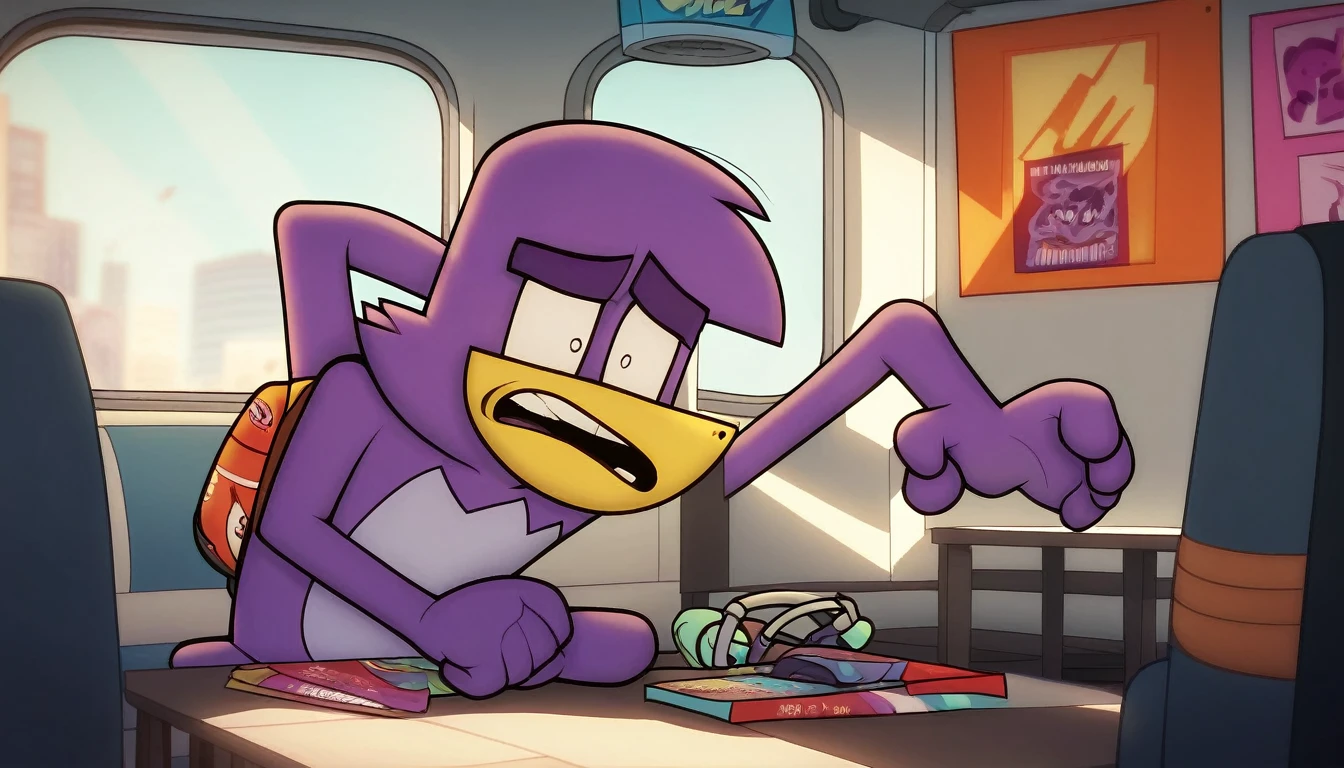 badmascot, purple hair, pokemon (creature), furry, constricted pupils, mascot score_9, score_8_up, score_7_up, score_6_up, score_5_up, score_4_up headphone, sad, headphones, subway, solo, screaming, scared, wearing, wearing headphone, wearing headphones