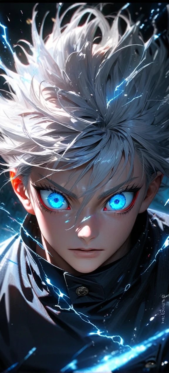  High quality, ultra realistic,absurdres, highres, ultra detailed, HDR, masterpiece, extremely detailed face and eyes,  Gojo satoru , jujutsu kaisen,, white hair ,black shirt , solo, ,man, handsome, ,white eyeleshes, blue eyes , Epic fight scene, blue splashing effect,blue lightning  effect,glowing glitters , close up,cool eyes, symetrical 