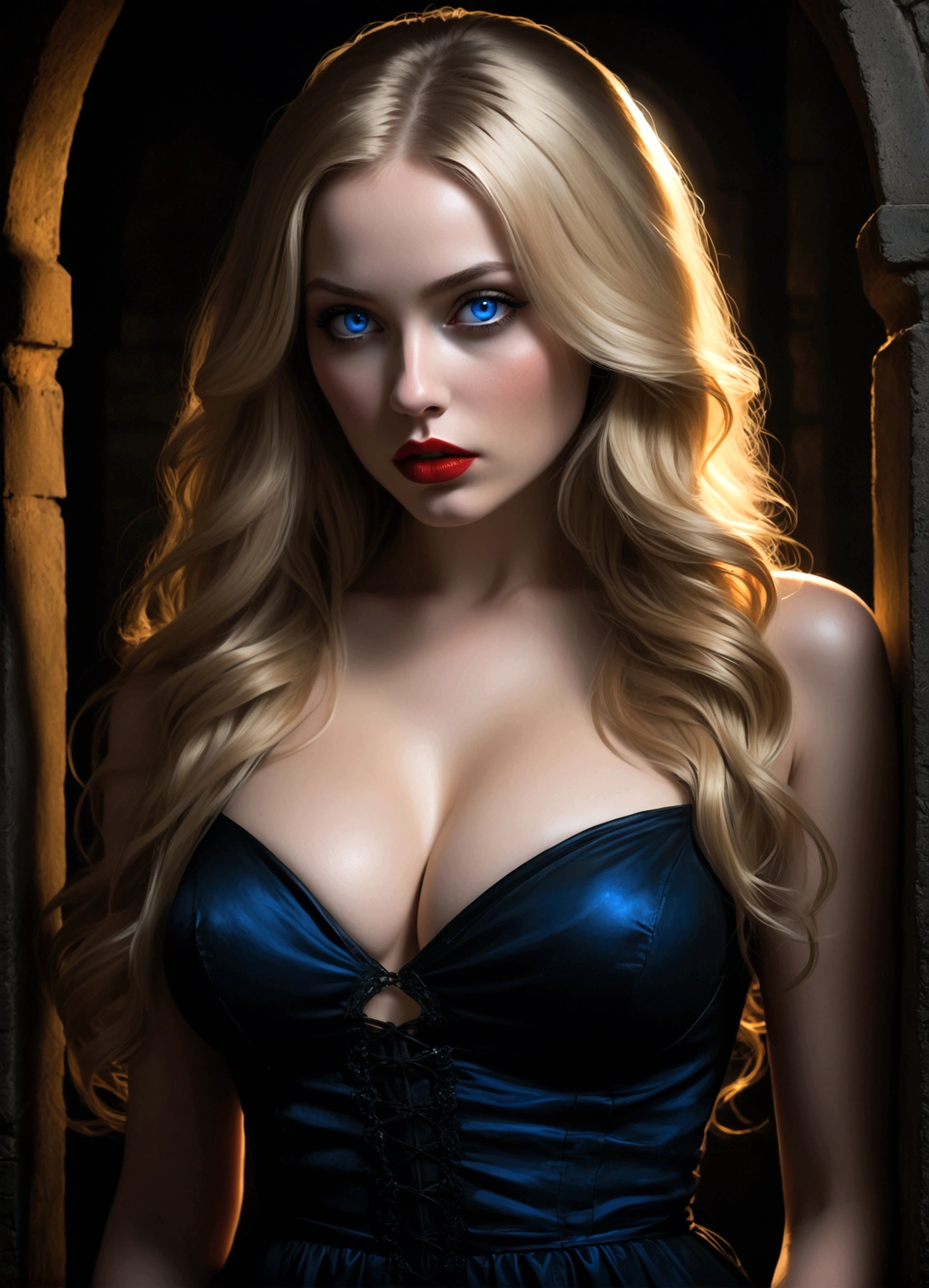 a beautiful young woman with long blonde hair, striking blue eyes, and full red lips, wearing a scandalous black dress that barely covers her, looking sultry and playful in a dark, moody dungeon setting, 1 girl, hourglass figure, extra large breasts and hips, dark dramatic lighting, dramatic shadows, highly detailed, photorealistic, chiaroscuro, oil painting, intricate details, dark fantasy, gothic, horror, sensual, dramatic
