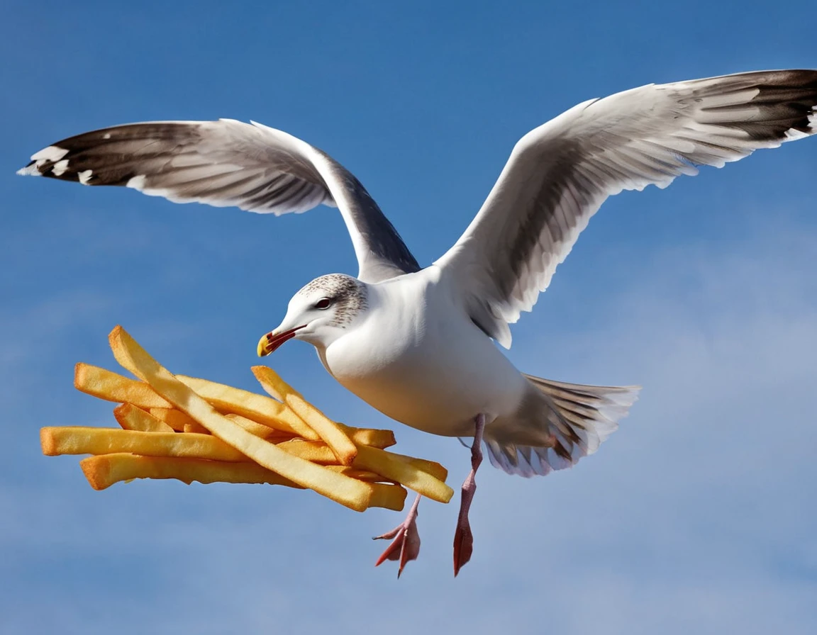 A seagull is flying through the sky with a stick of french fries in its mouth