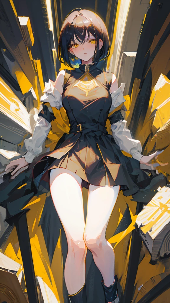 ((Best Quality)), ((Masterpiece)), (Detailed), Girl with short black hair, with straight bangs, yellow eyes, the pupils of his eyes look at your violence, tall and slender, very beautiful and feminine features, wearing shorts with long black stockings, short hair, nice breasts, with a too short miniskirt, with a scared expression, she feels alone, just woke up