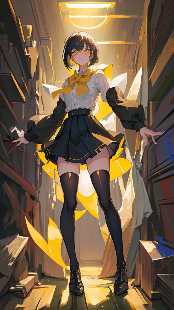 (NSFW)((Best Quality)), ((Masterpiece)), (Detailed), Girl with short black hair, with straight bangs, yellow eyes, the pupils of his eyes look at your violence, tall and slender, very beautiful and feminine features, wearing shorts with long black stockings, short hair, nice breasts, with a too short miniskirt, with a scared expression, she feels alone, just woke up