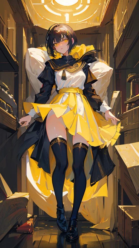 ((Best Quality)), ((Masterpiece)), (Detailed), Girl with short black hair, with straight bangs, yellow eyes, the pupils of his eyes look at your violence, tall and slender, very beautiful and feminine features, wearing shorts with long black stockings, short hair, nice breasts, with a too short miniskirt, with a scared expression, she feels alone, just woke up