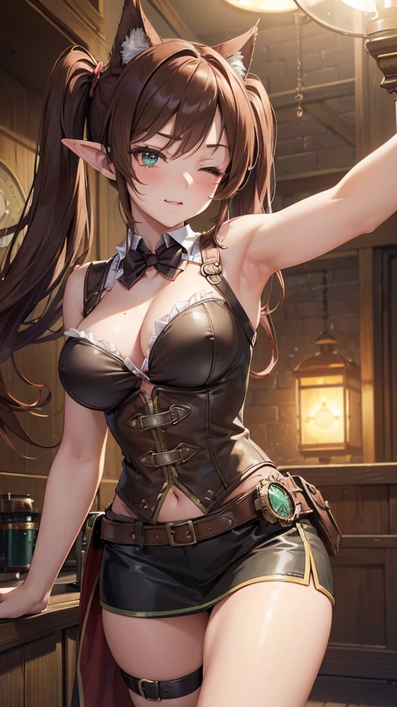 "((short steampunk corse)),((Mexicana peliroja, white skin)),((Twintail)),(1solo),(1 girl view),full_body, 1 girl view,female, young, , (long hair), ((red-light brown hair)), snowflakesdetailed cute anime face, ((pointy_ears, seductive pose, flirty with one eye closed)), (((medium_breasts, firm breasts))), (green-brown ligth eyes), random angle)":(all realistic intricate details)