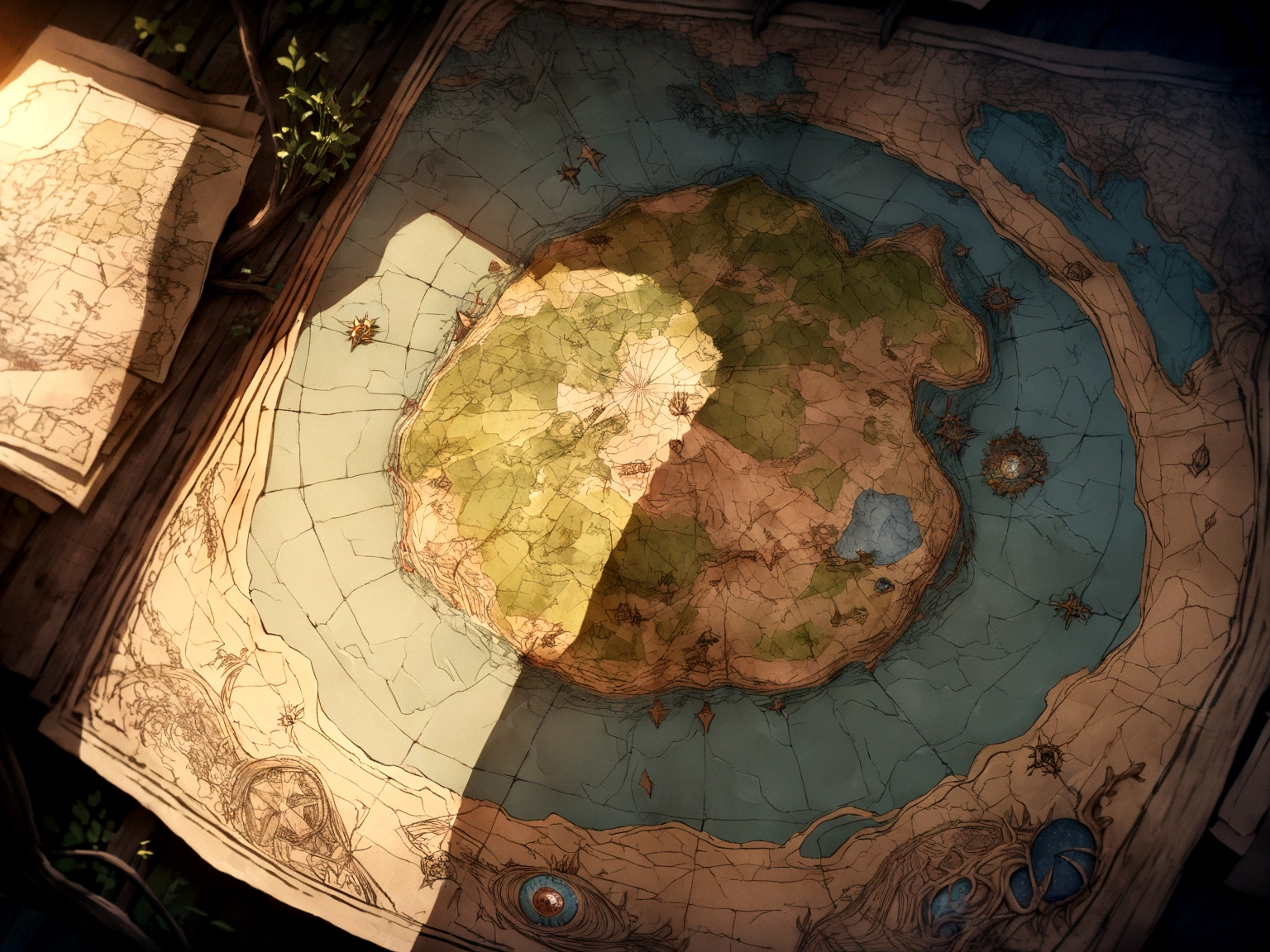 (((fantastic world map, world map on old paper))) Direct top-down shot of bird's eye from a drone, Battle Map of an Underground Science Prison, (Massive Dark Magic Roots Sprouting From the West:1.2), (Black necrotic magic in the air:1.2), fire, ice and thunder, Dungeons and Dragons, Final fantasy, Game art, (Coherent architecture and interiors, with realistic proportions and textures, Intricate details, Hand drawn, Vibrant, cinematic lighting, Masterpiece, 8k:1.2)