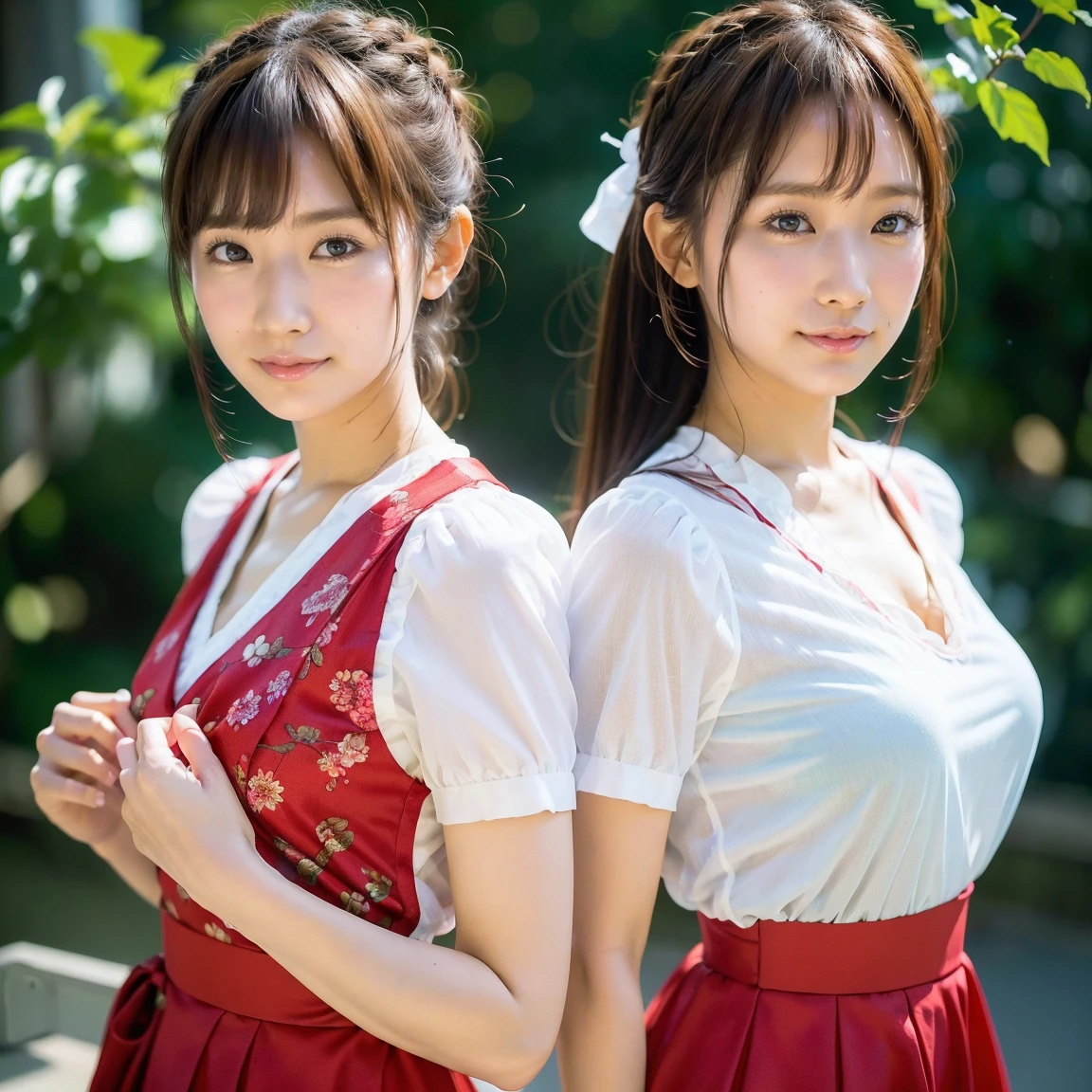 Identical twin sisters、Medium display, Medium Shot, Written boundary depth, bust, Upper Body, Movie angle, masterpiece, Highest quality, Very detailed, CG, 8k wallpaper, Beautiful Face, Delicate eyes, Otome, alone, smile, bangs, skirt, shirt, have, Crimson Dress, bow, petal, bouquet