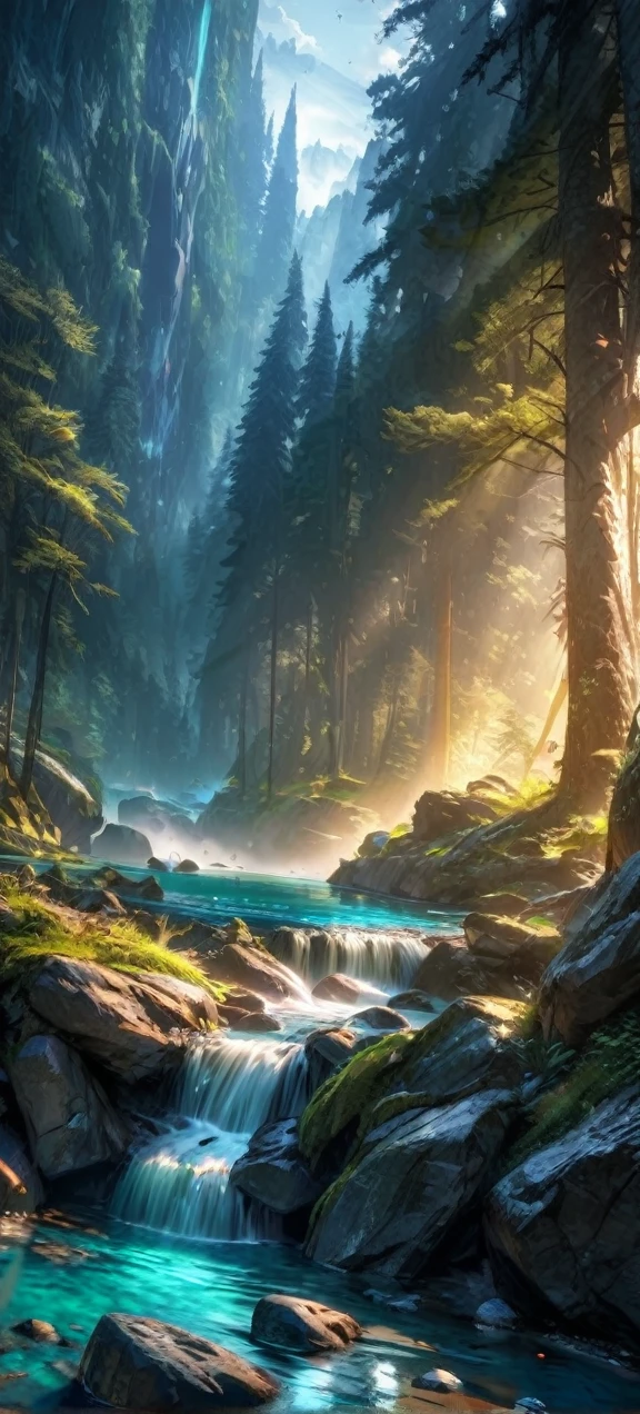 High quality, ultra realistic,absurdres, highres, ultra detailed, HDR, masterpiece, extremely detailed , beautiful forest, rocks, light blue lake , glowing
