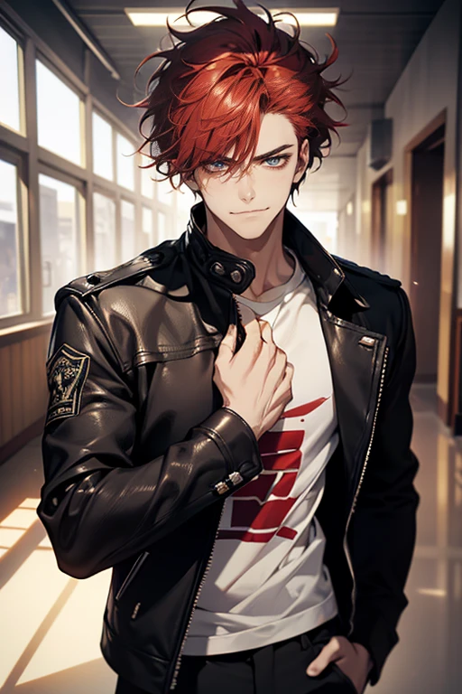(tmasterpiece, high resolution, ultra - detailed:1.0), (1 male, masculine face), Perfect male body, Adult male, 37 years Delicate eyes and delicate face, Extremely detailed CG, Unity 8k wallpaper, Complicated details, Detailed face, (red hair, messy hair, smile faces, white T-shirt,Bad students), (frown, smile:1.3), hand in pocket, school corridor,black leather jacket, color difference, Depth of field, dramatic shadow, Ray tracing, Best quality, Cinematic lighting, offcial art,Portrait