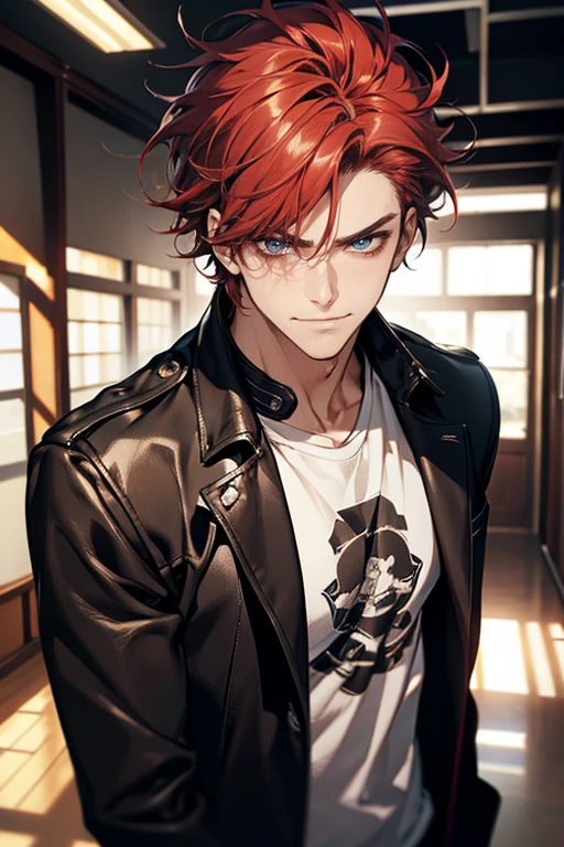 (tmasterpiece, high resolution, ultra - detailed:1.0), (1 male, masculine face), Perfect male body, Adult male, 37 years Delicate eyes and delicate face, Extremely detailed CG, Unity 8k wallpaper, Complicated details, Detailed face, (red hair, messy hair, smile faces, white T-shirt,Bad students), (frown, smile:1.3), hand in pocket, school corridor,black leather jacket, color difference, Depth of field, dramatic shadow, Ray tracing, Best quality, Cinematic lighting, offcial art,Portrait