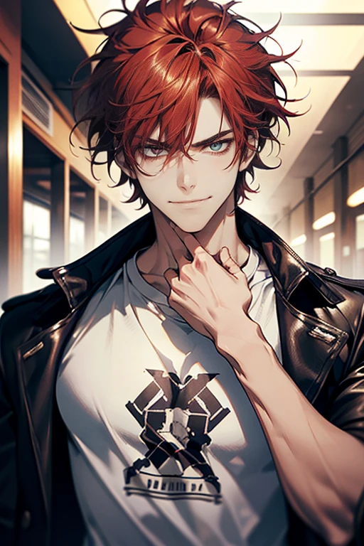 (tmasterpiece, high resolution, ultra - detailed:1.0), (1 male, masculine face), Perfect male body, Adult male, 37 years Delicate eyes and delicate face, Extremely detailed CG, Unity 8k wallpaper, Complicated details, Detailed face, (red hair, messy hair, smile faces, white T-shirt,Bad students), (frown, smile:1.3), hand in pocket, school corridor,black leather jacket, color difference, Depth of field, dramatic shadow, Ray tracing, Best quality, Cinematic lighting, offcial art,Portrait