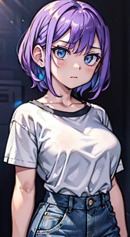 a girl with white and purple ombre hair, wearing high-waisted jeans, detailed portrait, realistic, cinematic lighting, intricate details, colorful, stunning, ethereal, photorealistic, 8k, masterpiece