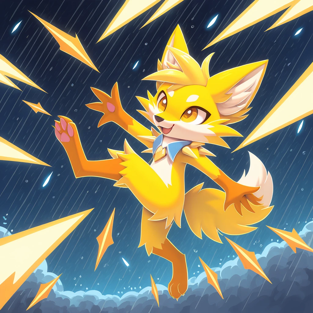 Bright Yellow furred fox with spikey fur and a spikey yellow mane with pin missiles raining down in a storm, in card art style