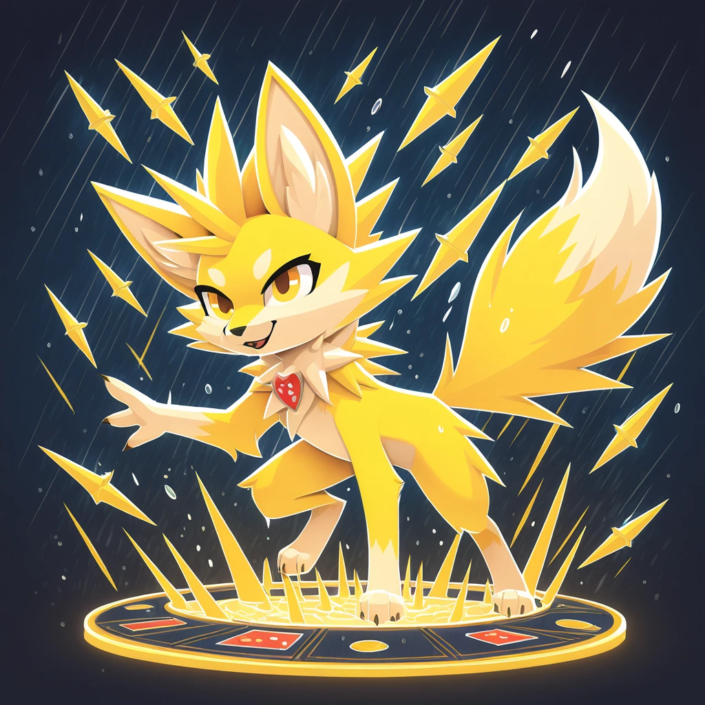 Bright Yellow furred fox with spikey fur and a spikey yellow mane with pin missiles raining down in a storm, in card art style
