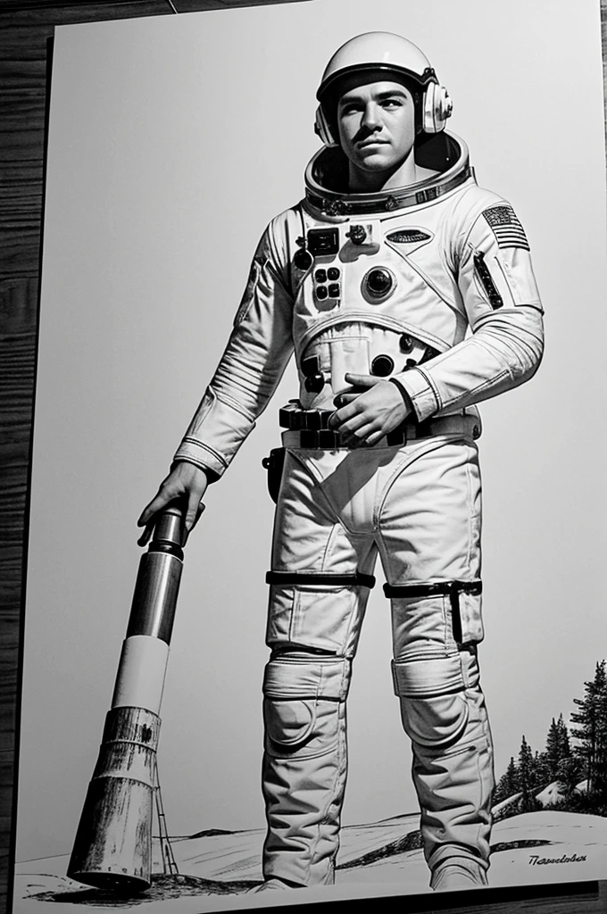 Puedes generar una imagen donde solo sean trazos de dibujo, que sea blanco y negro como un dibujo realista hecho en una hoja en blanco, donde se represente un invernadero espacial con una cosmonauta trabajando los cultivos