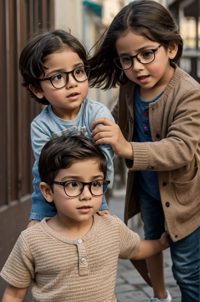 A boy pushes a 4--old l with brown eyes, con lentes y pelo trenzado y se cae , ropa de 1909