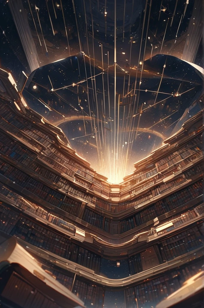 ((Best quality)), ((masterpiece)), (detailed), a giant library floating in space, with books turning into stellar constellations.