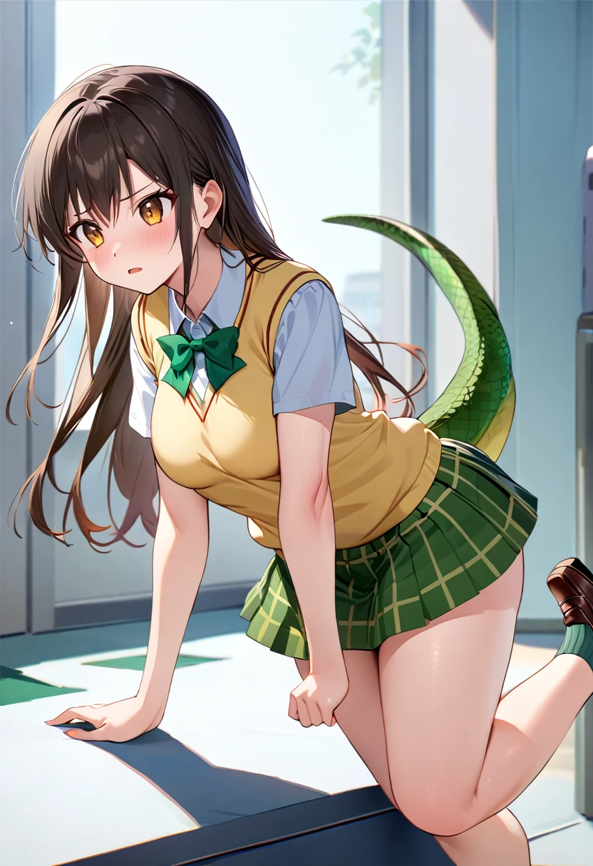 ((masterpiece)), highest quality, Super detailed,(One girl),Yui Kotegawa morphing into lizard, Long Hair,Beautiful background ,((yellow sweater vest, white shirt, short sleeves, green bowtie, plaid miniskirt, green miniskirt, socks, loafers)), chest, Curved body, Look to the side, Worried face,