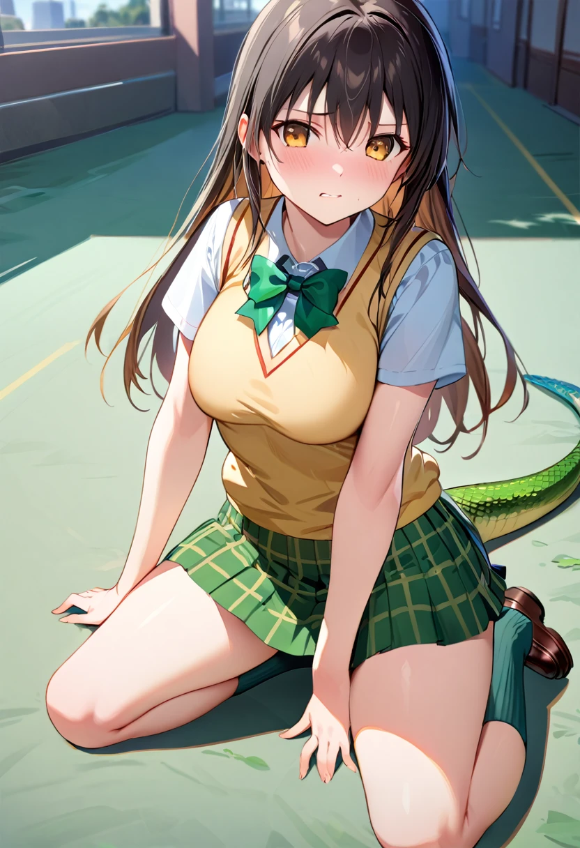 ((masterpiece)), highest quality, Super detailed,(One girl),Yui Kotegawa morphing into lizard, Long Hair,Beautiful background ,((yellow sweater vest, white shirt, short sleeves, green bowtie, plaid miniskirt, green miniskirt, socks, loafers)), chest, Curved body, Look to the side, Worried face,