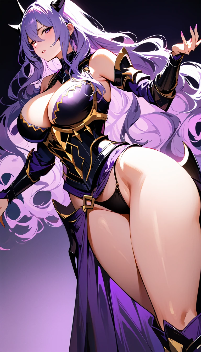 (high quality, 8k, 4K, high contrast, artwork:1.2, high quality, best aesthetics), (dynamic angle), ((1 woman)), erotic, sensual, mature body, super detailed, beautiful face detailed, beautiful eyes detailed, detailed beautiful mouth, sexy body, perfect breats, perfect wide thighs, light purple hair, light purple long wavy hair, purple eyes, seductive facial expression, black loom, black horns, sexy dark purple medieval armor with golden details, cleavage, exposed thighs, black thong panties, exposed panties, dark purple medieval armor boots, standing, erect body posture, looking at the viewer, centered.