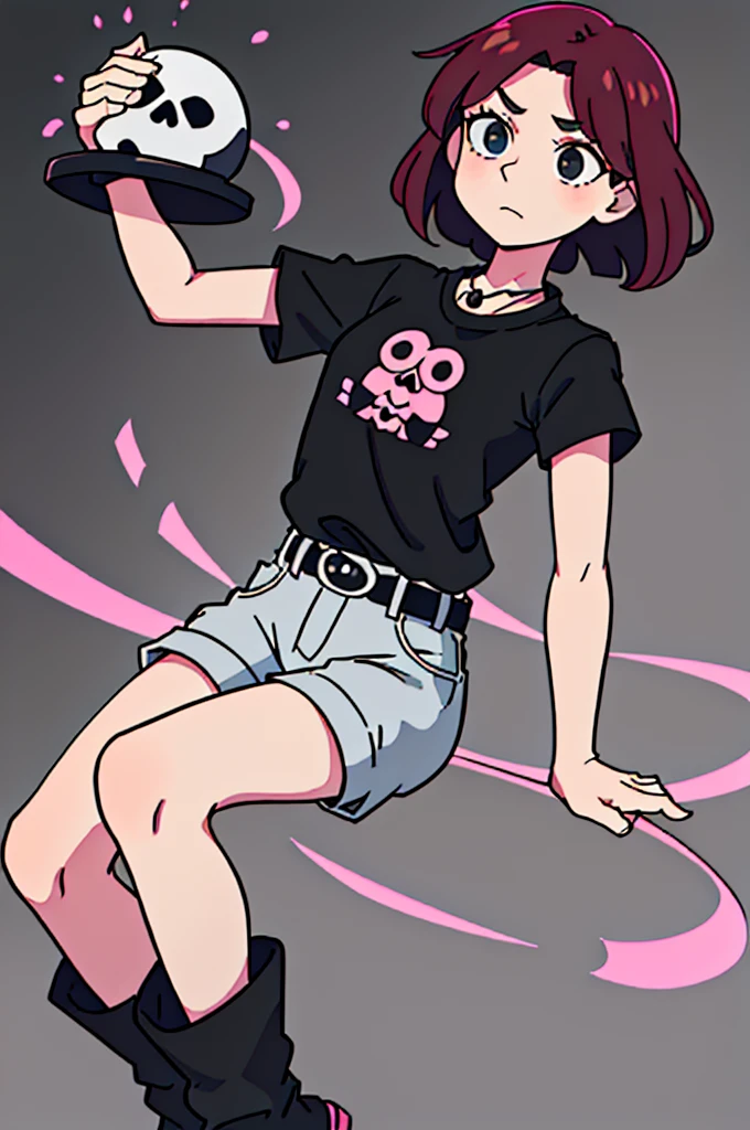 masterpiece, 4k, best quality, solo, Girl, Dark red hair, black eyes, two tails with little hair, short hair in the middle of the neck, black necklace on the neck, black t-shirt with a skull, underneath a long-sleeved black t-shirt with flowers on it. the edges, dark blue half-short jean skirt, knee-length black boots, gray pink wavy tights, gray pink shoes.