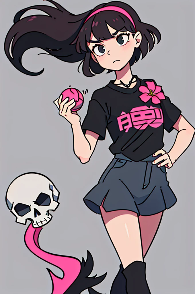 masterpiece, 4k, best quality, solo, Girl, Dark red hair, black eyes, two tails with little hair, short hair in the middle of the neck, black necklace on the neck, black t-shirt with a skull, underneath a long-sleeved black t-shirt with flowers on it. the edges, dark blue half-short jean skirt, knee-length black boots, gray pink wavy tights, gray pink shoes.