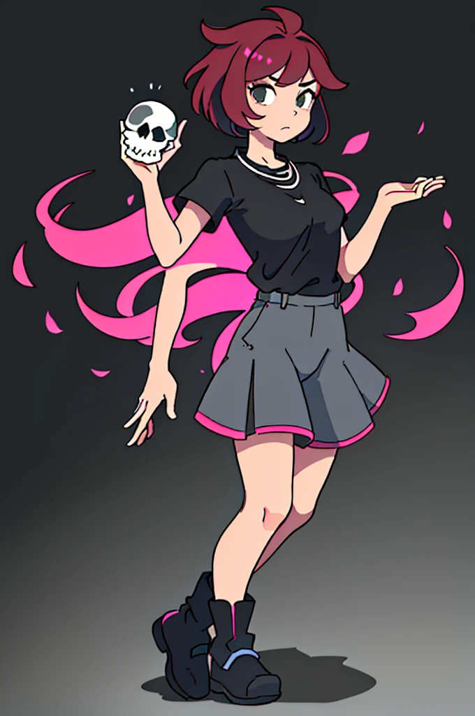 masterpiece, 4k, best quality, solo, Girl, Dark red hair, black eyes, two tails with little hair, short hair in the middle of the neck, black necklace on the neck, black t-shirt with a skull, underneath a long-sleeved black t-shirt with flowers on it. the edges, dark blue half-short jean skirt, knee-length black boots, gray pink wavy tights, gray pink shoes.