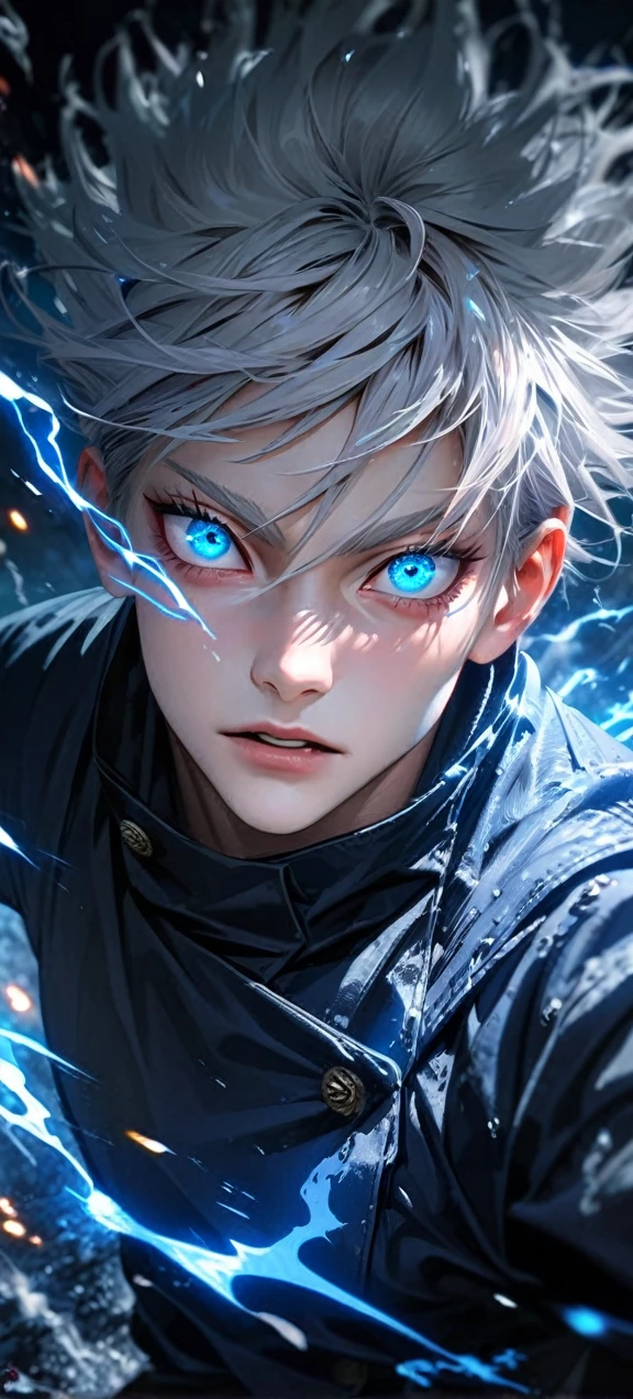 High quality, ultra realistic,absurdres, highres, ultra detailed, HDR, masterpiece, extremely detailed face and eyes, Gojo satoru , jujutsu kaisen,, white hair ,black shirt , solo, ,man, handsome, ,white eyeleshes, blue eyes , Epic fight scene, blue splashing effect,blue lightning effect,glowing glitters , close up,cool eyes, symetrical