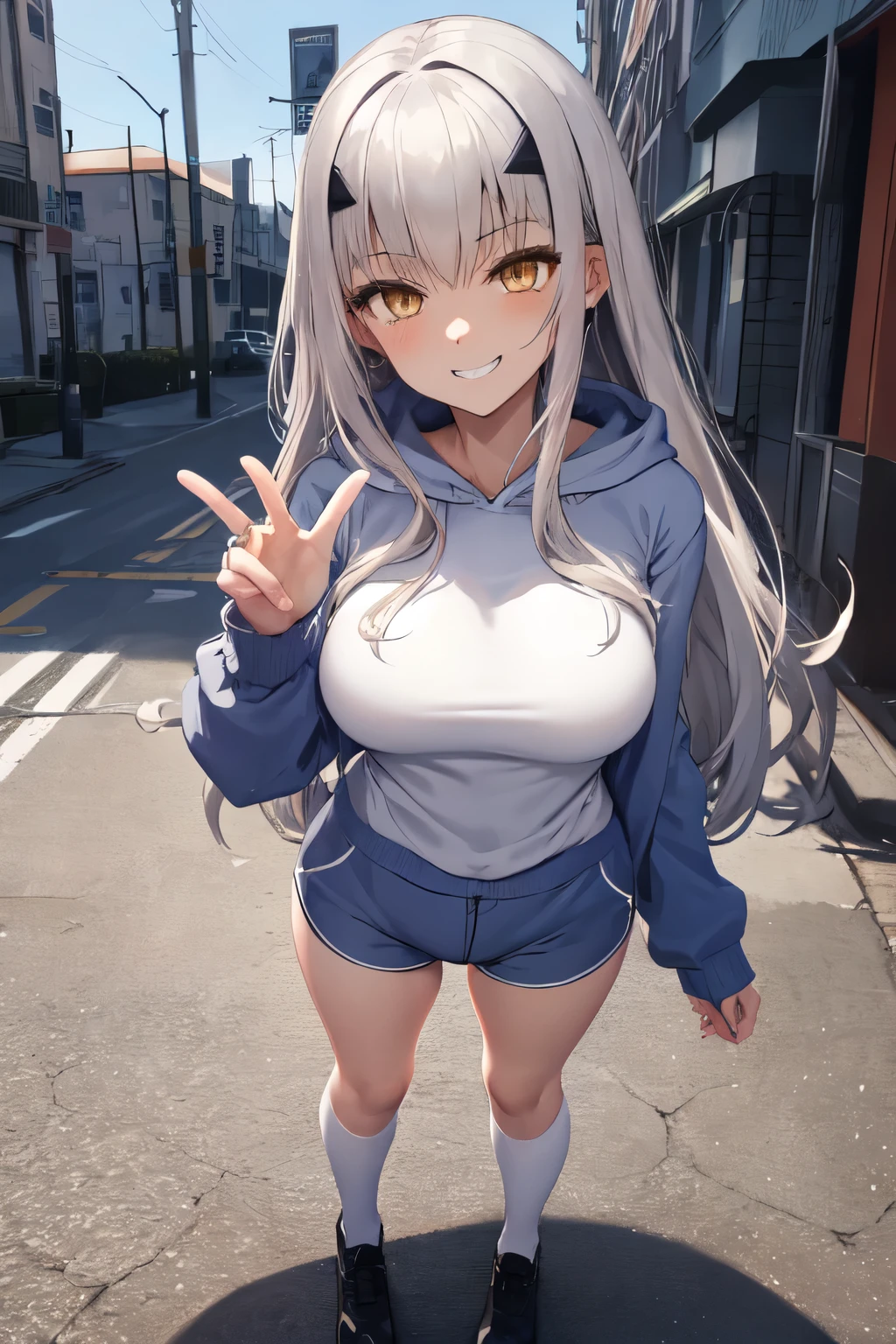 masterpiece, Highest quality, 1 person,( Large Breasts,Blue hoodie, Are standing, View your viewers,Dolphin Shorts,),Detailed Background、A person who writes in detail、Accurate human body、Knowledgeable person、Accurate 5 fingers、Mature Woman,Thighsが太い,Cruby Body,Melusine, (Brown eyes:1.5), Long Hair, ((Gray Hair)), Side Lock,Long sleeve、Knee socks、Thighs、白いKnee socks、alone,wedding ring,Platinum Ring,seductive grin smug