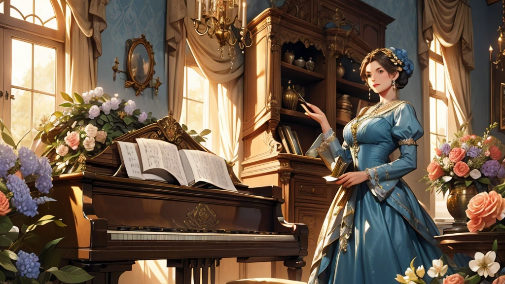 A beutiful realistic scene of a haughty lady in a blue old fashioned dress; the background is vintage in a ancient and large house with a lot of flowers and a golden piano; masterpiece; ultra hd, 4k