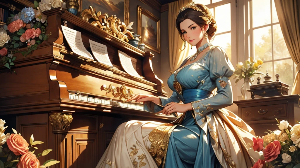 A beutiful realistic scene of a haughty lady in a blue old fashioned dress; the background is vintage in a ancient and large house with a lot of flowers and a golden piano; masterpiece; ultra hd, 4k