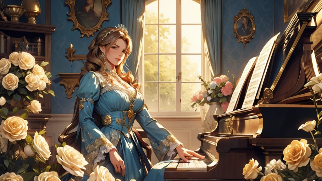 A beutiful realistic scene of a haughty lady in a blue old fashioned dress; the background is vintage in a ancient and large house with a lot of flowers and a golden piano; masterpiece; ultra hd, 4k