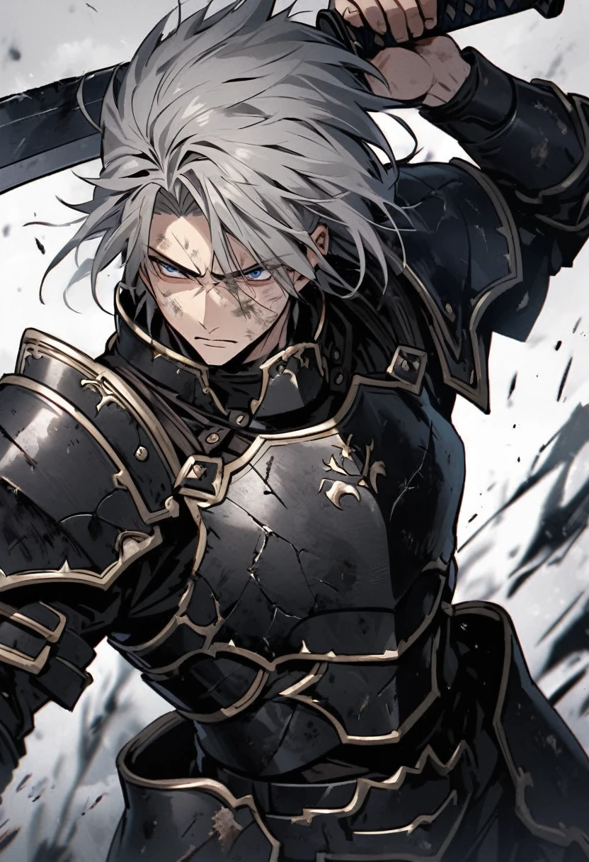 Man with long grey hair 28 years old Holding a Japanese sword Black armor is dirty and cracked