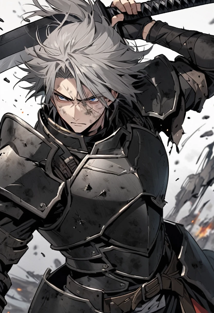 Man with long grey hair　28 years old　Holding a Japanese sword　Black armor is dirty and cracked　
