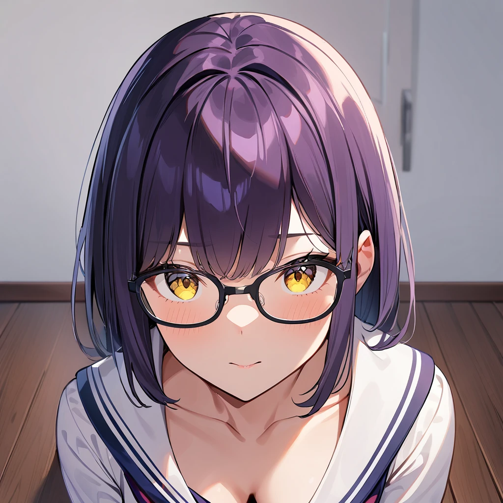 nsfw,1girl,Solo,dark purple hair,yellow eyes,medium breasts,sailor,straight hair,pov,straight on,best quality, very aesthetic, absurdres,Glasses,(downblouse),(wet),(female pov),(lip kiss)