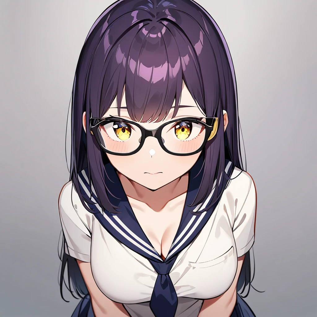 1girl,Solo,dark purple hair,yellow eyes,medium breasts,sailor,straight hair,pov,straight on,best quality, very aesthetic, absurdres,Glasses,(downblouse),(one breast out)
