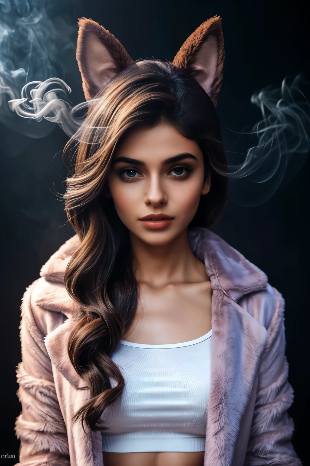 (Best quality, realistic: 1), Indian Instagram model, brownies violet furry and silky jacket, Detailed eyes and lips, cute expression, realistic, light background, Smoke effect, professional, sharp focus, volumetric light, rim light, key light, light background