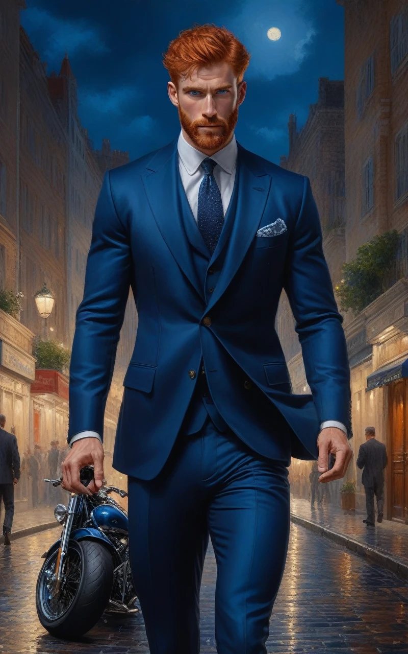 ((1 man full body wearing blue navy suit,)) (front view )), in henry scott tuke and Peter Paul Rubens art style, ultra detailed, ultra realistic, ambient lighting, becoming the subject composition, soft neutral colors, perfect components layout, perfect detailed feet, divine proportions, wide angle, fullbody, in henry scott tuke art style, ultradetailed, ultrarealistic, 8k resolution, HD, a red head, hairy, slighly hairy body, slender, detailed eyes, detailed feet, detailed nose, detailed lips, detailed chin, detailed ears, detailed muscles, blue eyes, shirtless, barefoot, handsome, masculine, detailed feet, detailed hands, gorgeous, , perefect anatomy, skinny detailed muscles man He is wearing blue navy smoking suit, riding a harley classic motorcylce in the background, night in the city, high quality masterful still-life painting, oil painting, vibrant rich colors, atmospheric perspective, depth, illustration, intricate details, ultra high resolution, sharp details, sharp focus, 8k resolution Miki Asai Macro photography, fullbody, hyper detailed, trending on artstation, sharp focus, studio photo, intricate details, highly detailed, by greg rutkowski ,GO_pokemon,
