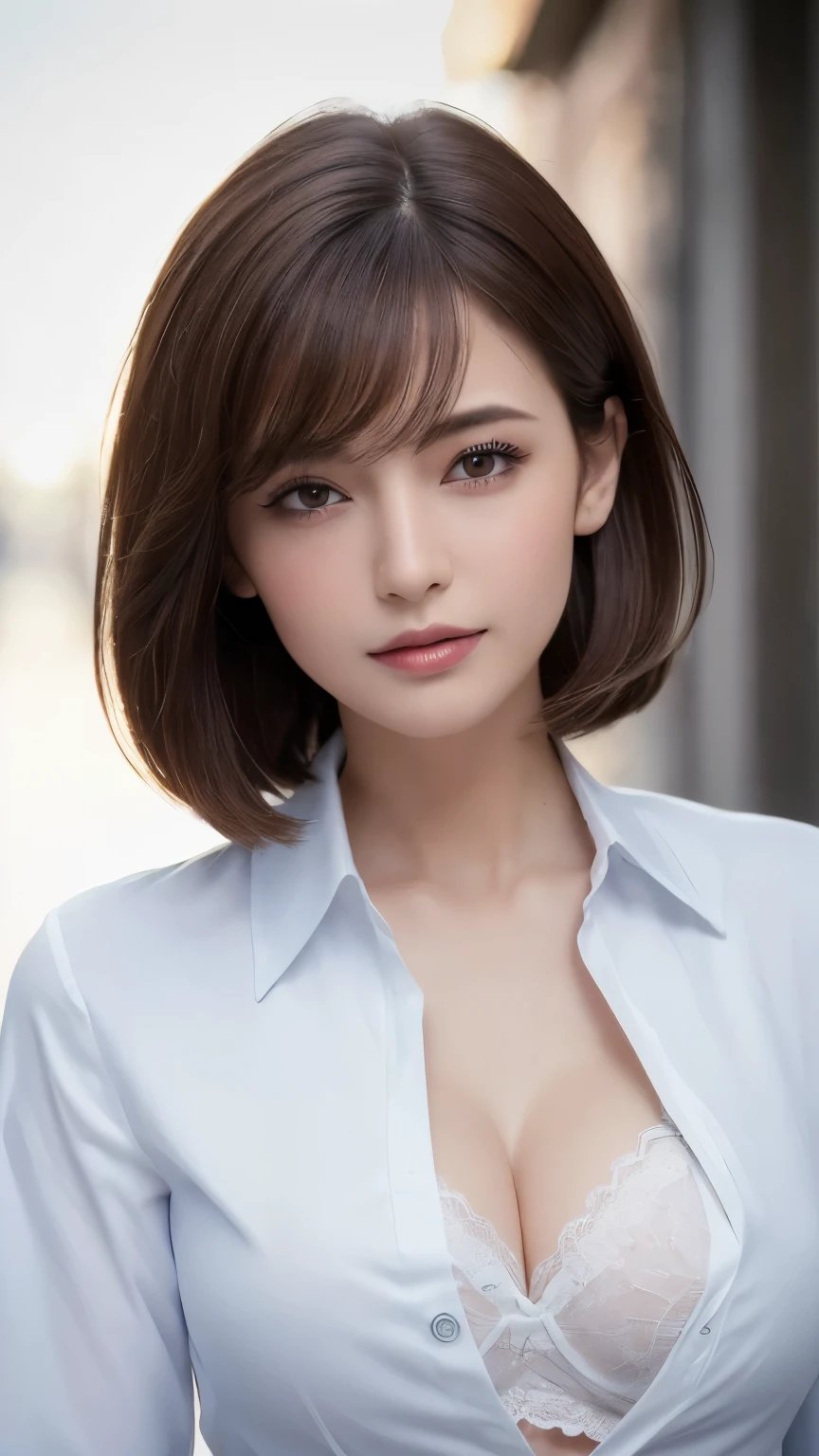 ((Highest quality, 8k, masterpiece :1.3)), Sharp focus :1.2, Beautiful woman with perfect figure :1.4, Slim Abs :1.2, ((Dark brown hair, :1.2)), (White button-up long shirt :1.1), City Street:1.2, Highly detailed face and skin texture, Fine grain, double eyelid、Large Breasts、Cleavage、bra、Short Hair