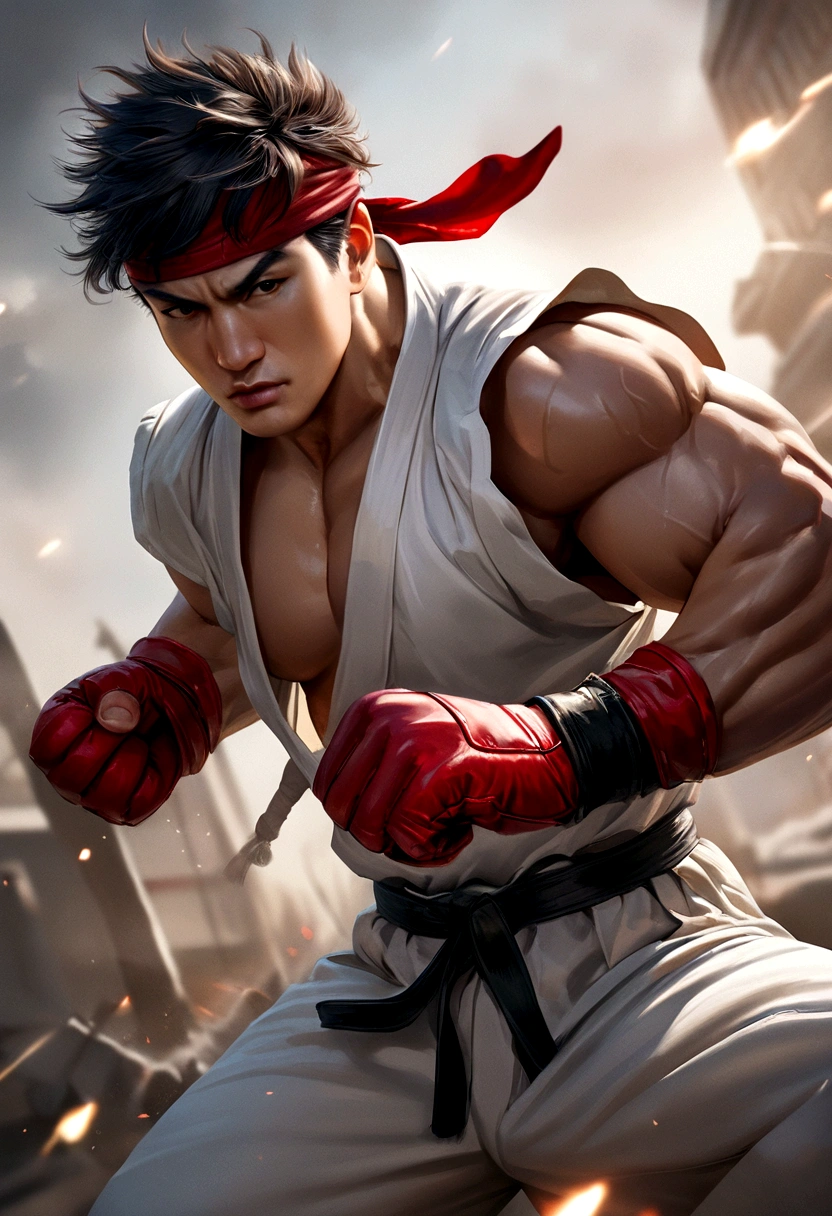 Ryu from Street Fighter, muscular japanese man, black spiky hair, sleeveless ripped white martial arts gi top and gi pants, martial arts black belt, red headband and fighting gloves, 4k, hyper realistic, 8k