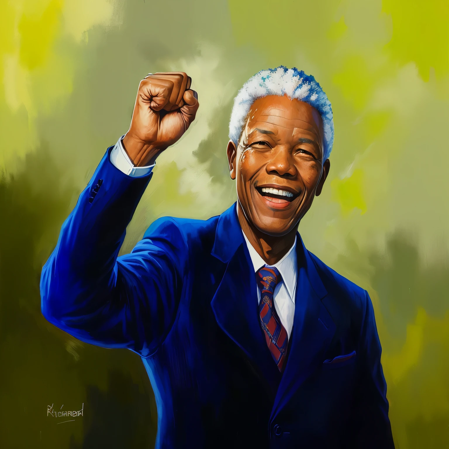 painting of MANDELA in a suit and tie raising his fist, inspired by Johan Edvard Mandelberg, mandela, nelson mandela, digitally painted, by Herbert MacNair, by Richard Mayhew, fan art, by Johan Edvard Mandelberg, by Ignacio Zuloaga, waving and smiling, great likeness, #1 digital painting of all time, # 1 digital painting of all time