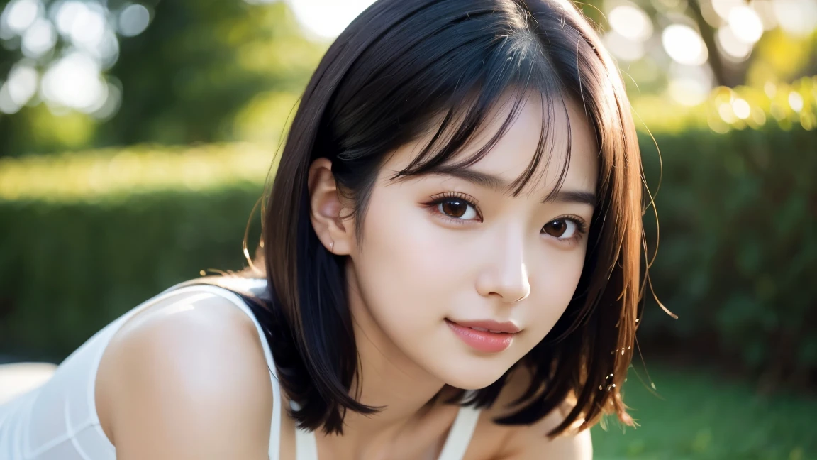 (masterpiece:1.3),(8K,photorealistic,raw photo,best quality:1.4),Japanese,(1 girl),beautiful face,(realistic face),17 years old,(black hair),beautiful hairstyle,beautiful eyes,white leotard,beautiful eye detail,(realistic skin),beautiful skin,attractive,high resolution,ultra-realistic,high quality,golden ratio,legs to shoulders visible,beautiful skin detail,(cute:1.2),(black hair),(jpop idol),(upper thighs:0.6),(depth of field),soft light,lens shine,gaze,(droopy eyes:1.2),straight teeth,smile,flowing hair,(blonde:1.2),brown eyes,movie scene,film,full color,4K,8K,16K,raw photo,masterpiece,professional photo,cleavage,bare shoulders,kissing face,big breasts and slim body