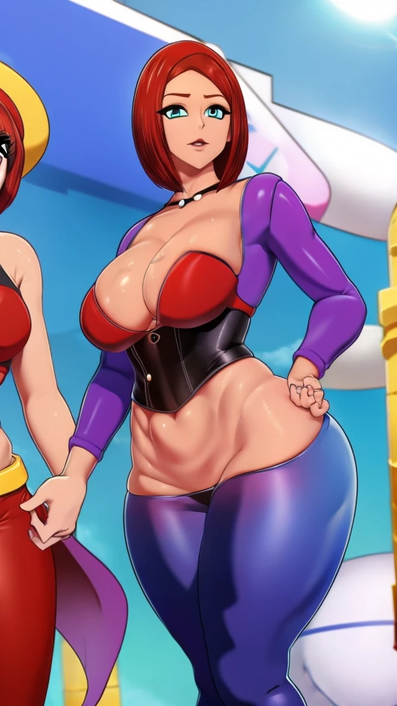 A sexy girl big breast short red hair round her blue eye wears purple corset and tight black pants big thigh