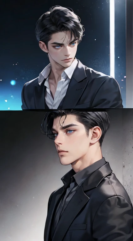 masutepiece, Best Quality, Realistic, 1man, matured male, Quiet and charming young man, 35 years old, closing eye, Serious look, extra detailed face, ((dark grey blue eyes)), ((Short right sweep dark Black hair)), [Thick eyebrows], detective, Plain background, ((Suit)), Cinematic lighting, gaze at the audience, Postural dynamics