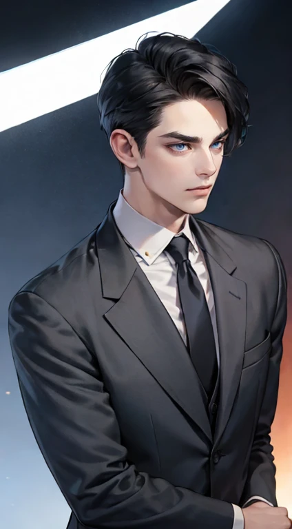 masutepiece, Best Quality, Realistic, 1man, matured male, Quiet and charming young man, 35 years old, closing eye, Serious look, extra detailed face, ((dark grey blue eyes)), ((Short right sweep dark Black hair)), [Thick eyebrows], detective, Plain background, ((Suit)), Cinematic lighting, gaze at the audience, Postural dynamics